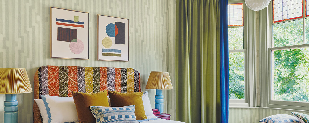 Cole & Son Diamond Maze wallpaper in a bedroom
