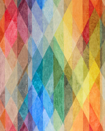 Abstract geometric artwork made of overlapping translucent diamond shapes in a rainbow of colors including red, orange, yellow, green, blue, purple, and pink, with a textured watercolor-like finish.