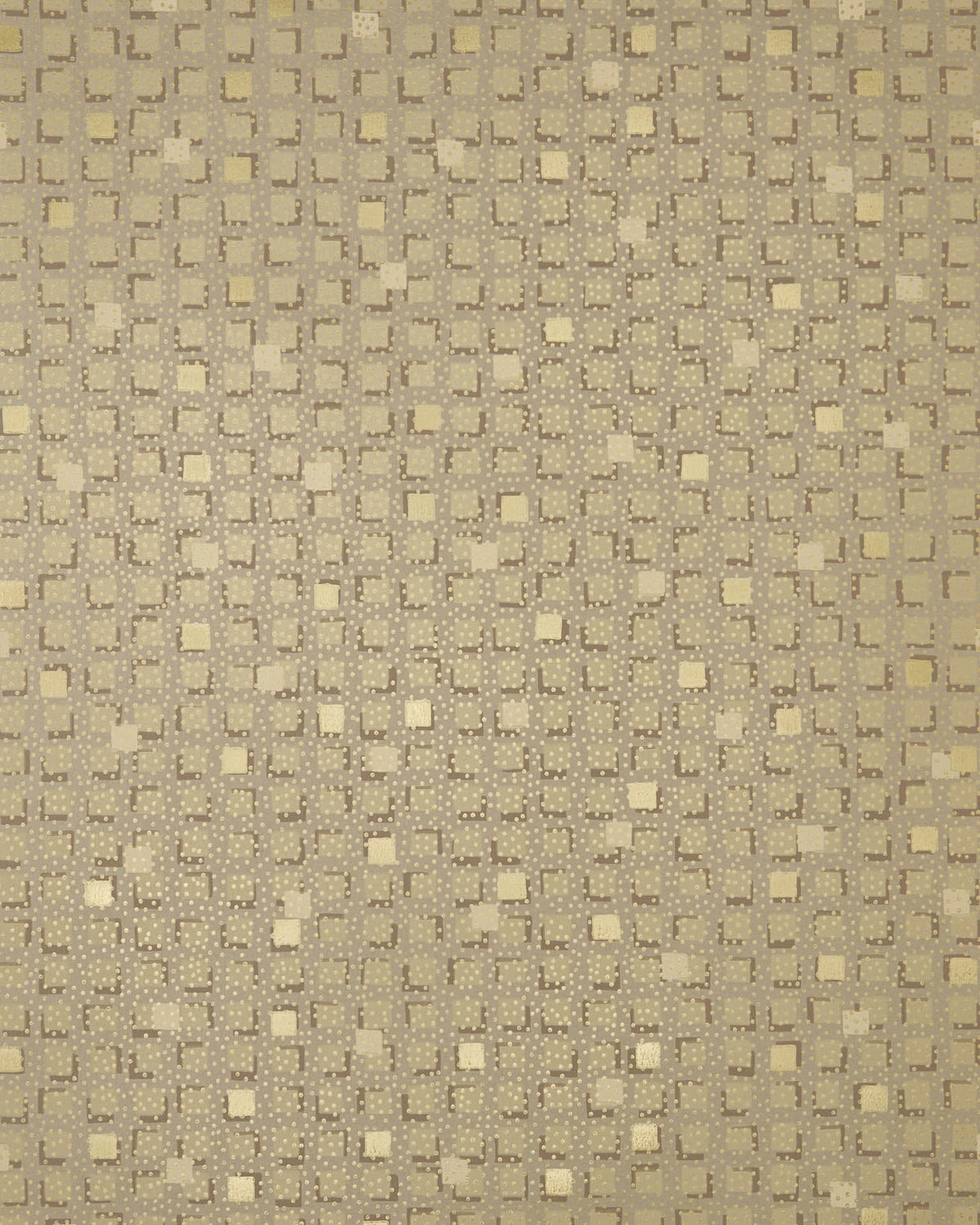 Beige textured wallpaper featuring a repeating geometric pattern of small squares and dots in warm beige and light gold tones.