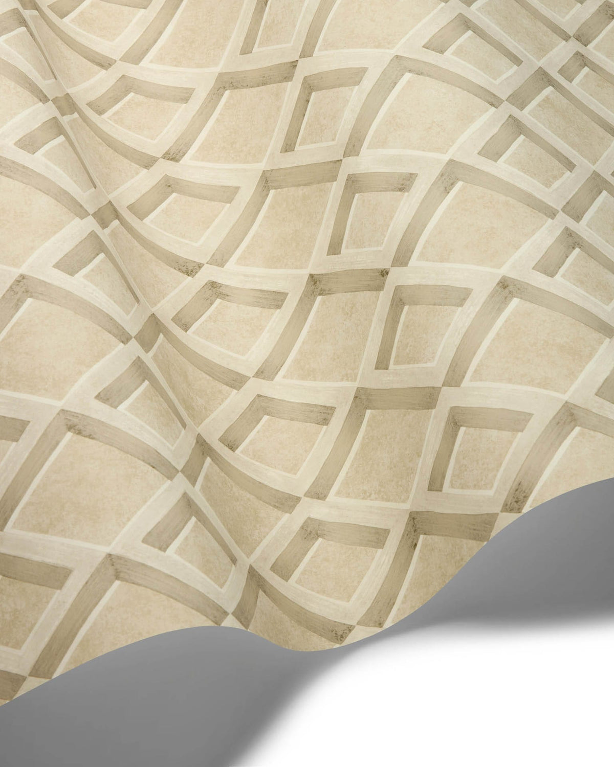 Beige wallpaper with a 3D geometric lattice pattern, shown with a curled bottom edge revealing a white surface underneath.